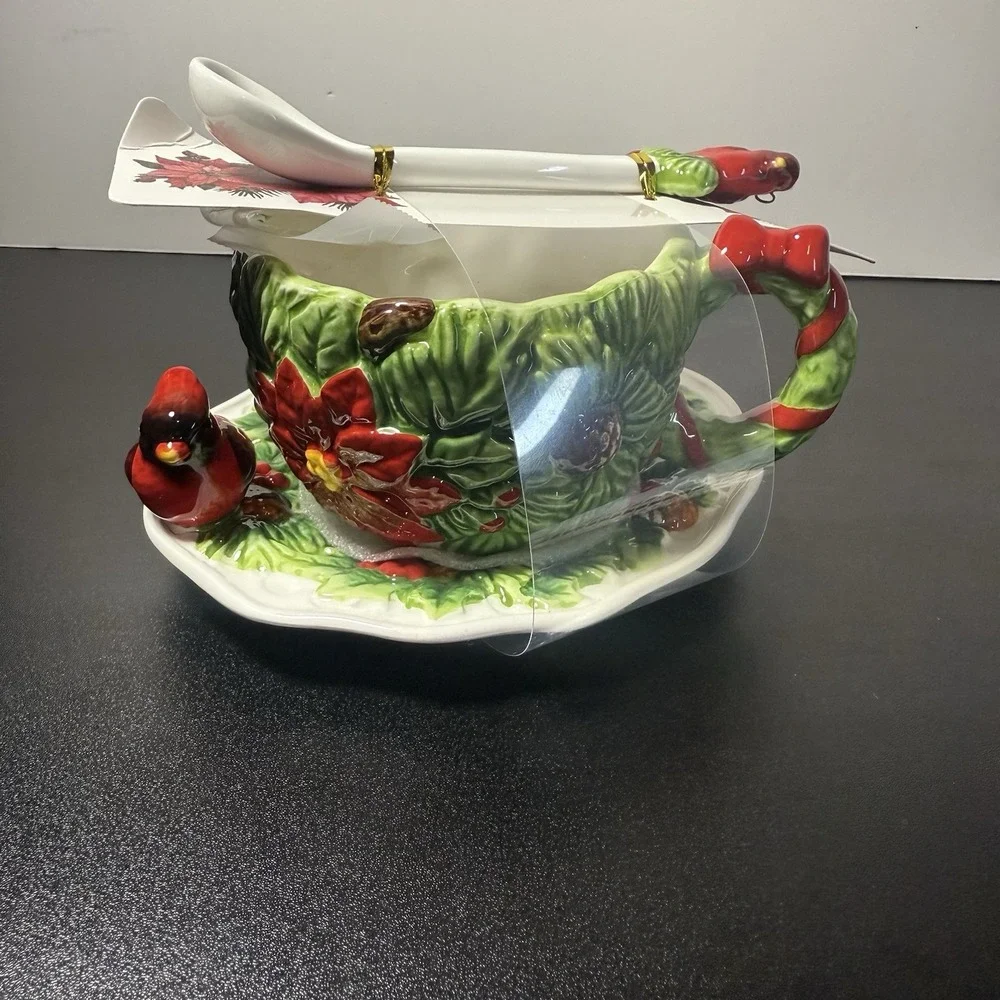 Corner Ruby Teacup Holiday Cardinal Collection 3Pc  Saucer &‎ Cardinal Spoon